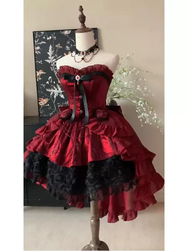 Creamy - Crimson Rose - Red Jumper Skirt with Black Bow and Long Train