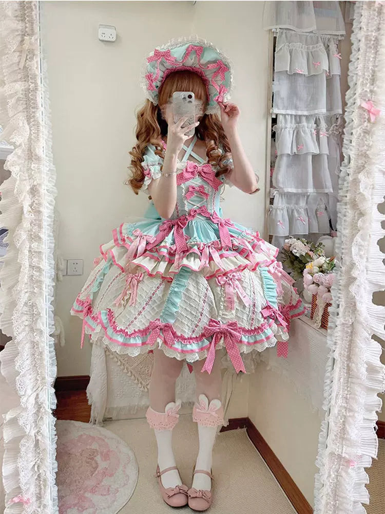 Mint ice cream sweet Lolita OP dress with train and headpiece, featuring sweetheart neckline and tiered ruffled skirt