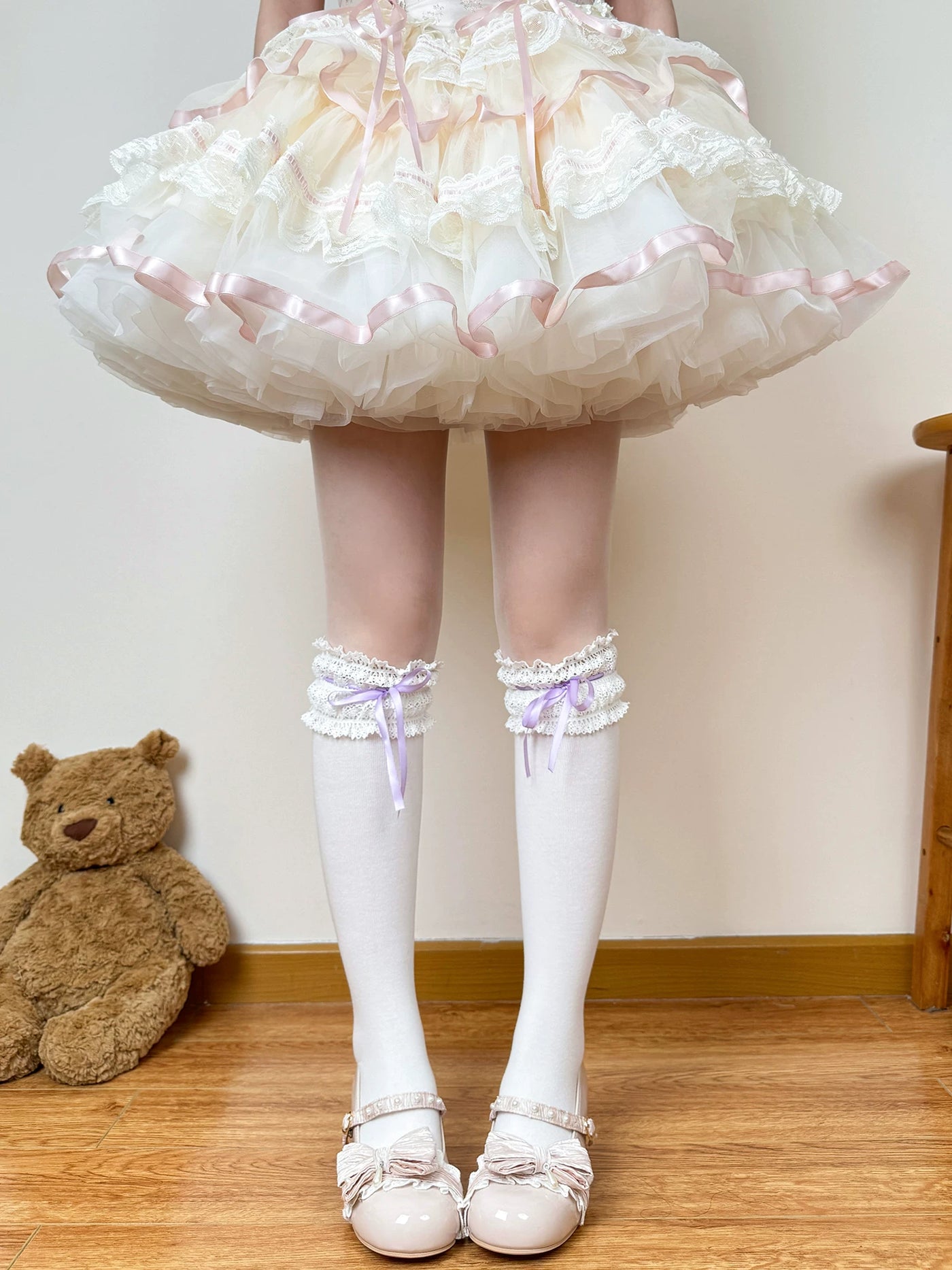 Chubby Bear Tales - Cream Ballet - Lace-Trimmed Socks with Ribbon Ties