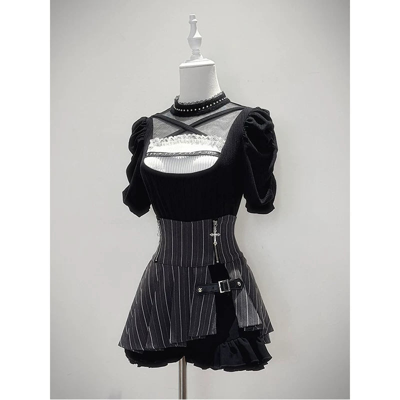 Creamy - Dark Contrast - Puff-Sleeve Top and Short Skirt Set with Metal Zippers
