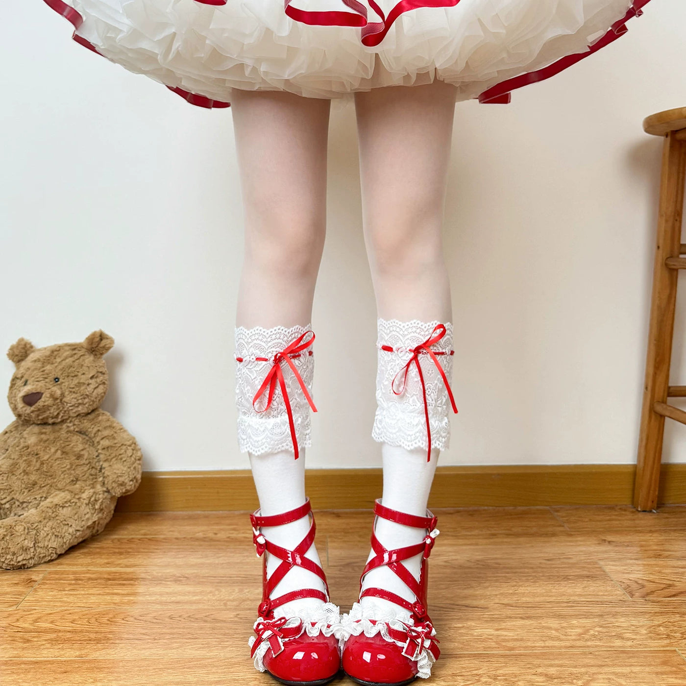 Chubby Bear Tales - Cream Ballet - Lolita Socks with Lace and Ribbon Details