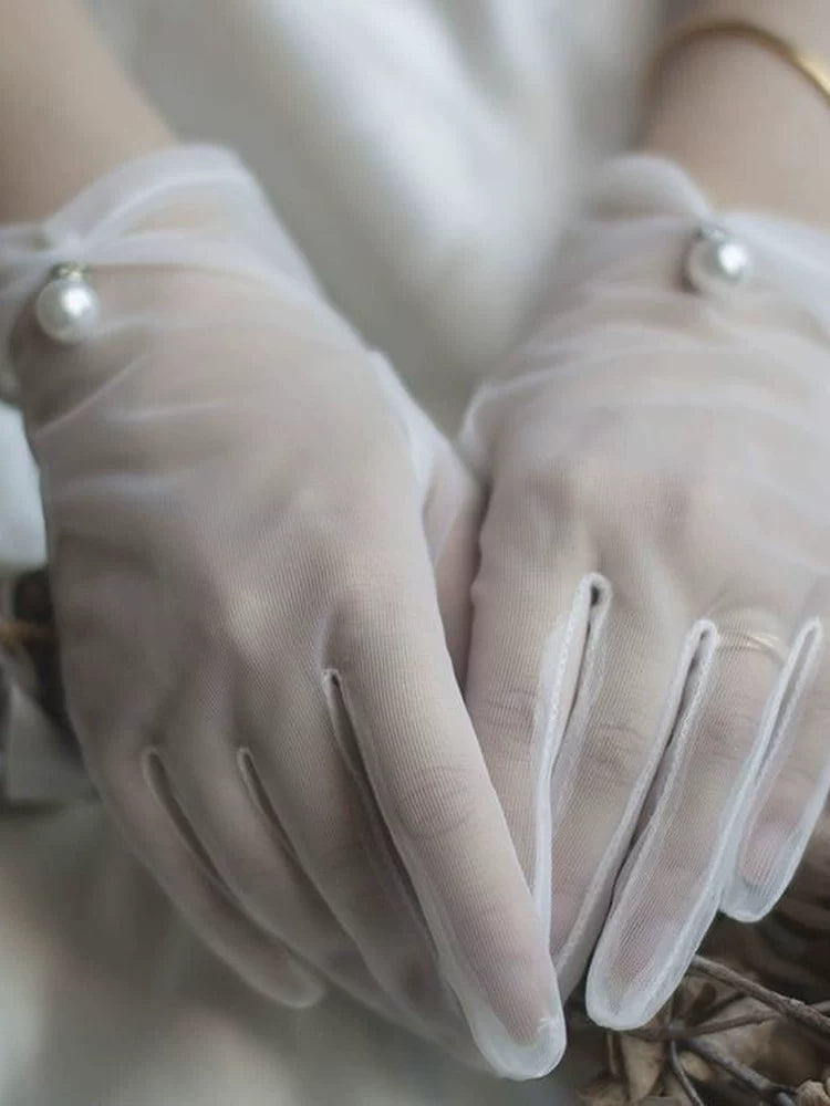 Fantasy Doll - Pearl Bridal - White or Black Mesh Gloves with Pearl Details