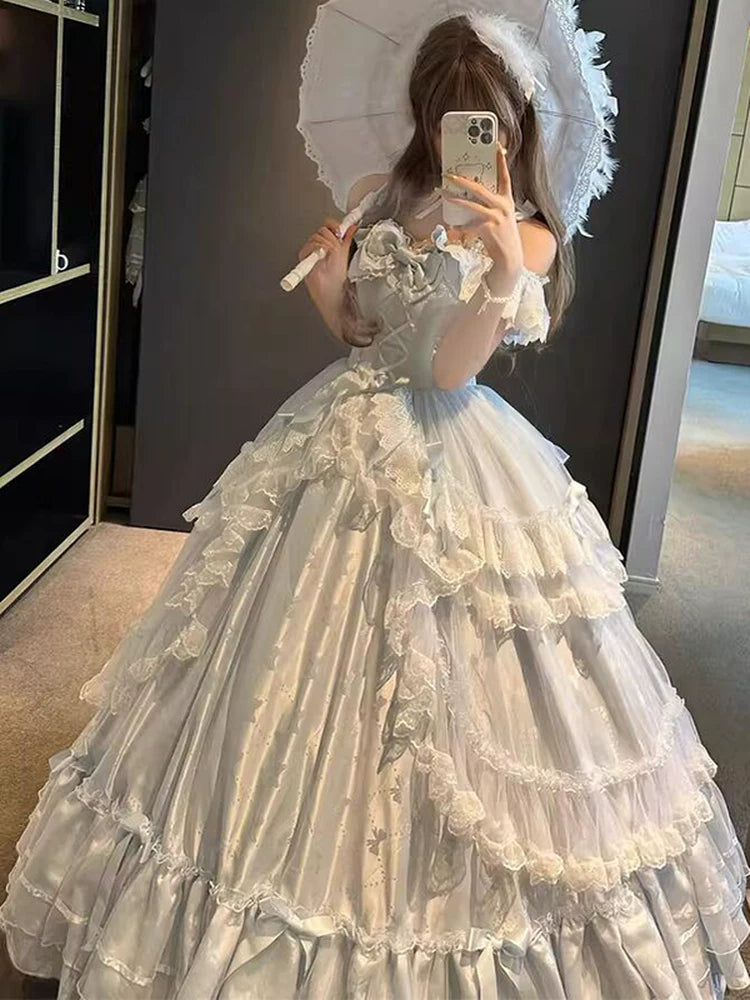 Close-up of corset front lacing and waist bow on the Lolita ballgown
