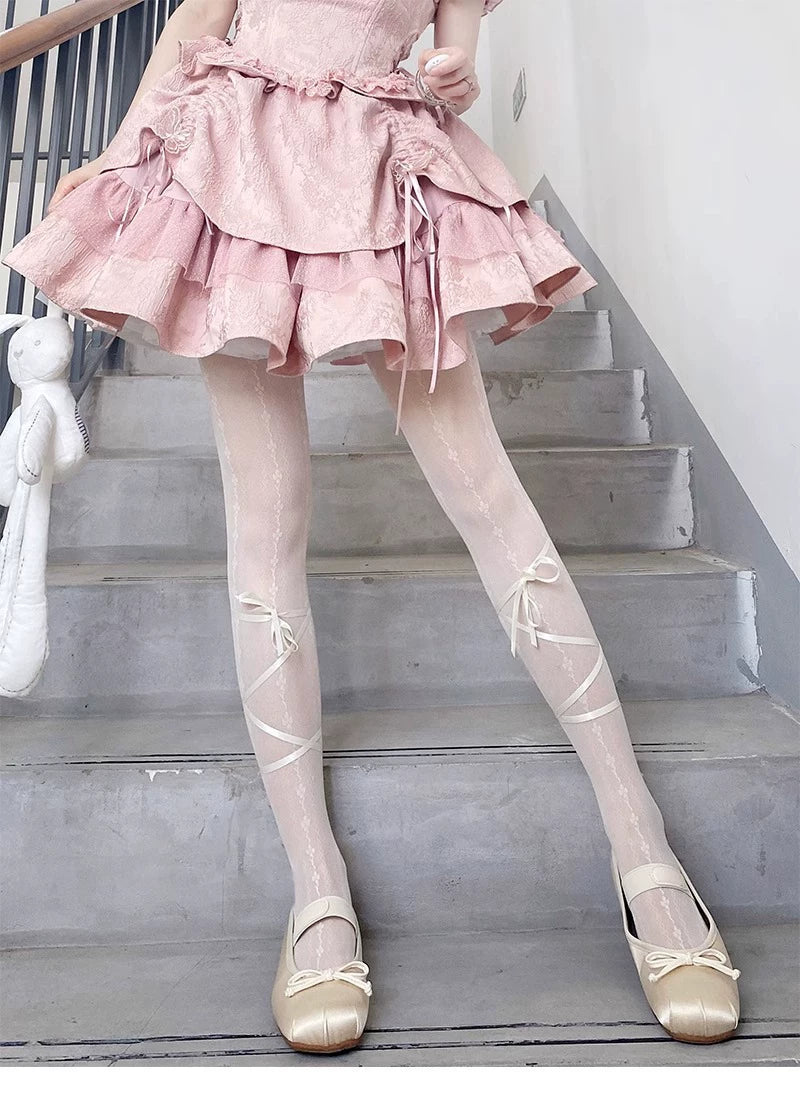 Floral Milk Cat - Ribbon Line - Lace-up tights