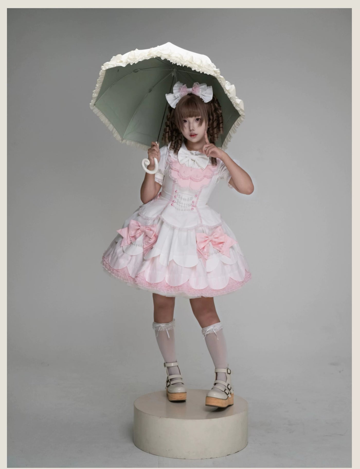 Tata Long Ear - Pearl Princess - White-and-Pink JSK Dress with Pearl Details and Scalloped Layers