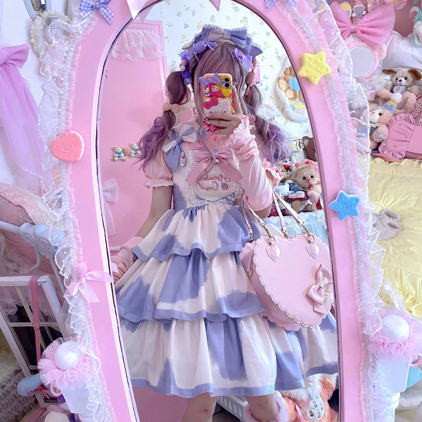 Tata Long Ear - Milk Cake Cow Print - Cow-Print JSK Dress with Three-Section Skirt