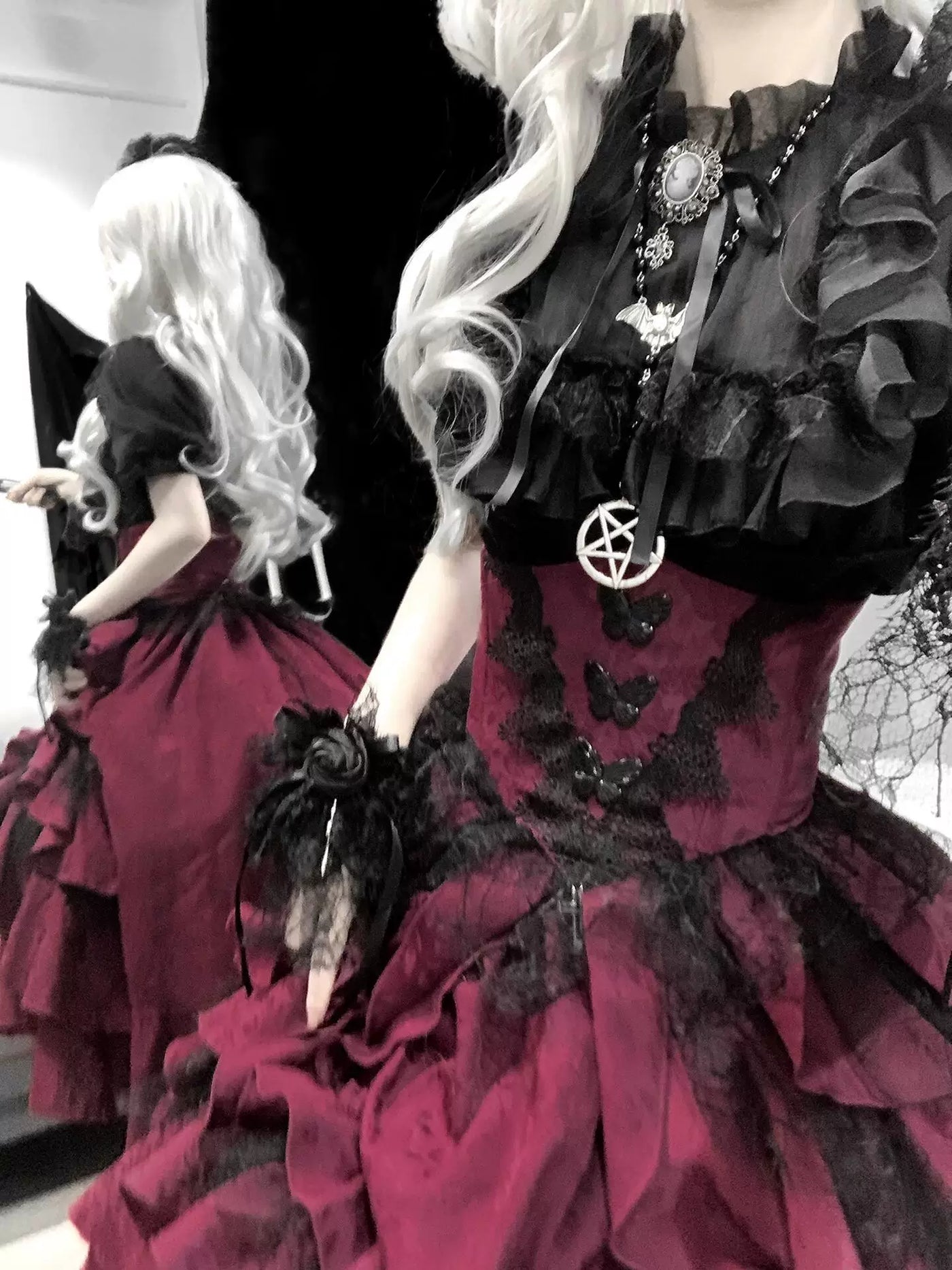 Creamy - Manor Nocturne - Black Blouse and Red Suspender Skirt Set with Ruffled Sleeves