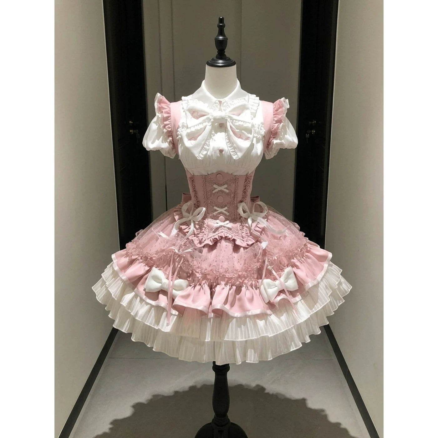 Creamy - White Pink Heartbeat - Short-Sleeve Blouse and Bustier Skirt Set with Large Bow and Sash