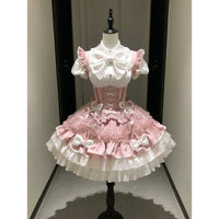 White Pink Heartbeat - Short-Sleeve Blouse and Bustier Skirt Set with Large Bow and Sash - Short-sleeve blouse + bust-support SK + large bow + sash / S