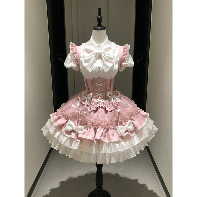Creamy - White Pink Heartbeat - Short-Sleeve Blouse and Bustier Skirt Set with Large Bow and Sash