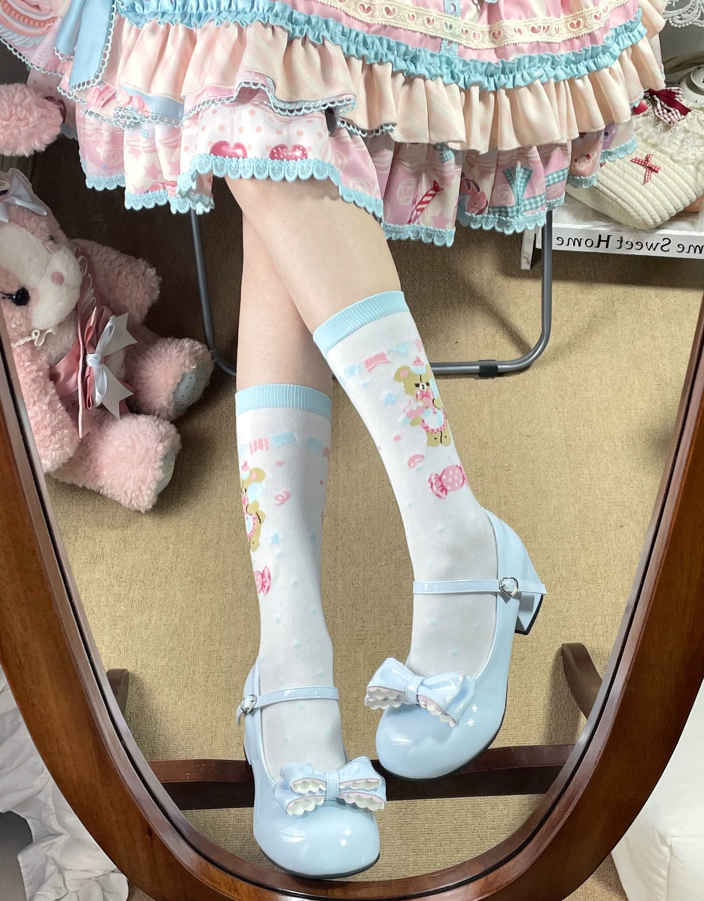 Fantasy Doll - Bear and Strawberry - Combed-Cotton Mid-Calf Socks with Printed Motifs