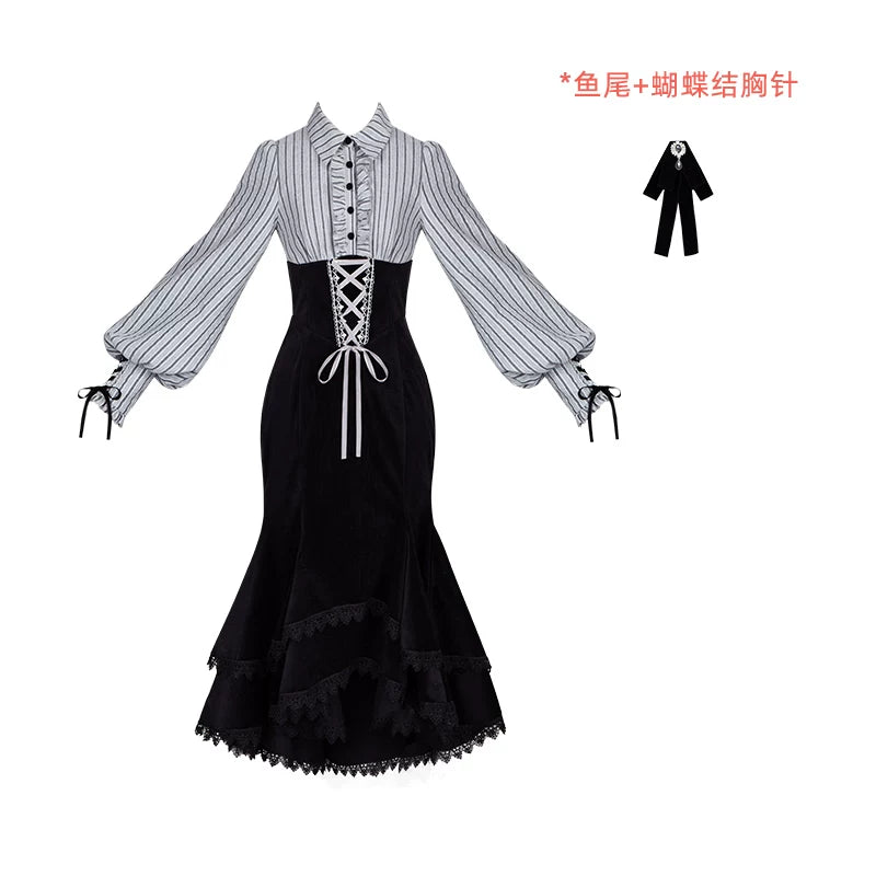 With PUJI - Dusk Moment - Classic Lolita Striped OP & Mermaid Dress Set, Fishbone Waist detail view 13