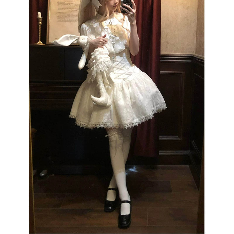 Creamy - White Gothic - Blouse Set with Bib and Short Skirt