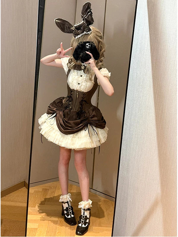 Creamy - Brown Bunny Gothic - Brown JSK Set with Inner Top, Bow Tie and Bunny-Ear Hat
