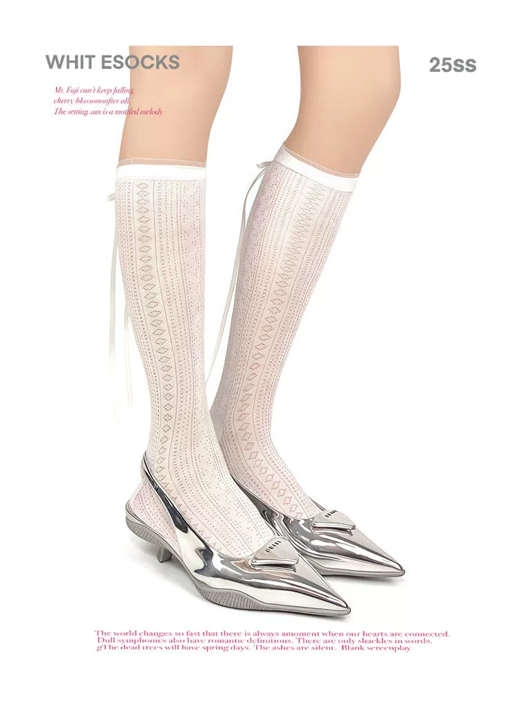 White Socks - Ballet Openwork - Patterned Openwork Mid-Calf Socks