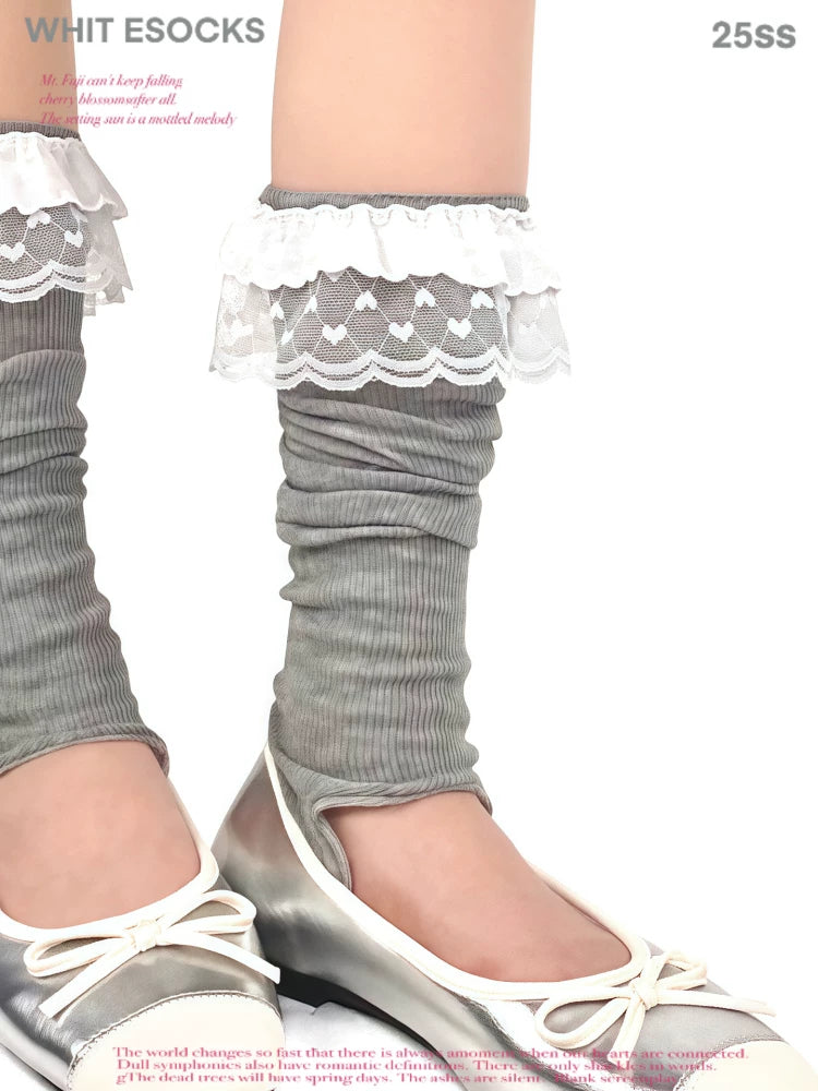 White Socks - Ballet Scrunch - Stirrup Socks with Lace Ruffles