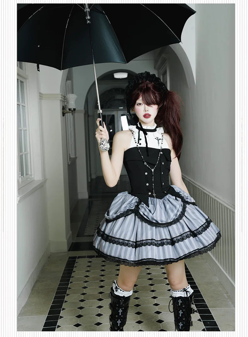 Baozi Pig - Witch's Shop - Gothic OP Dress with Corset-Style Bodice and Striped Skirt