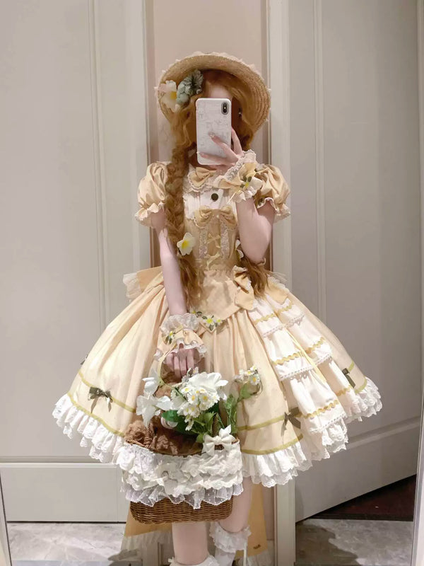 Fluffy Bunny Bubble Cake yellow Lemon Mille-Crepe OP dress with lace trim