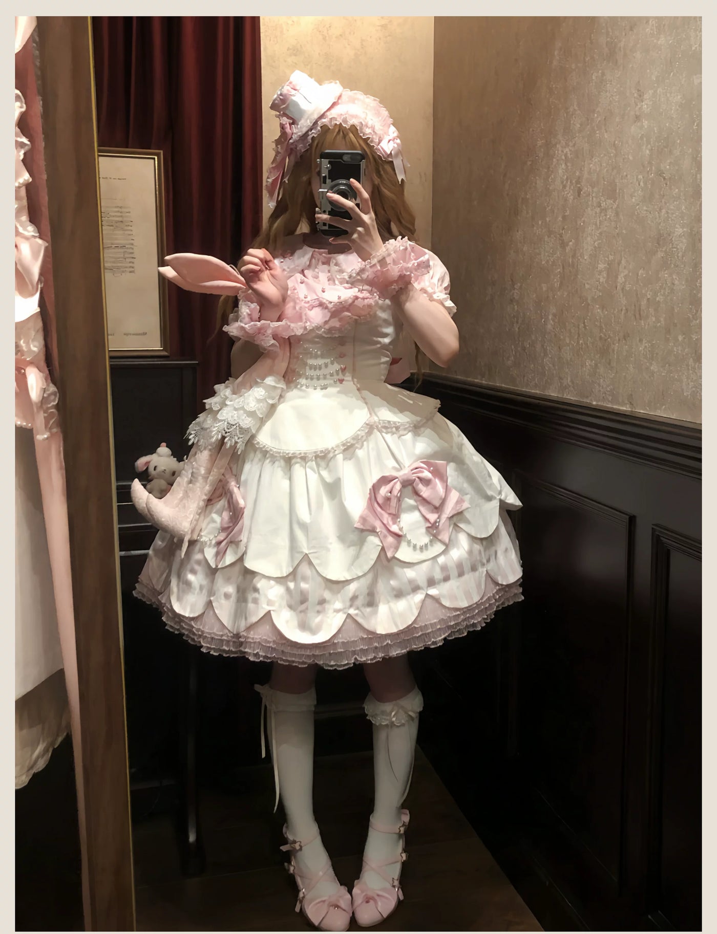 Tata Long Ear - Pearl Princess - White-and-Pink JSK Dress with Pearl Details and Scalloped Layers