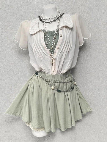 Creamy - Mint Lime - Apricot Cardigan Three-Piece Skirt Set