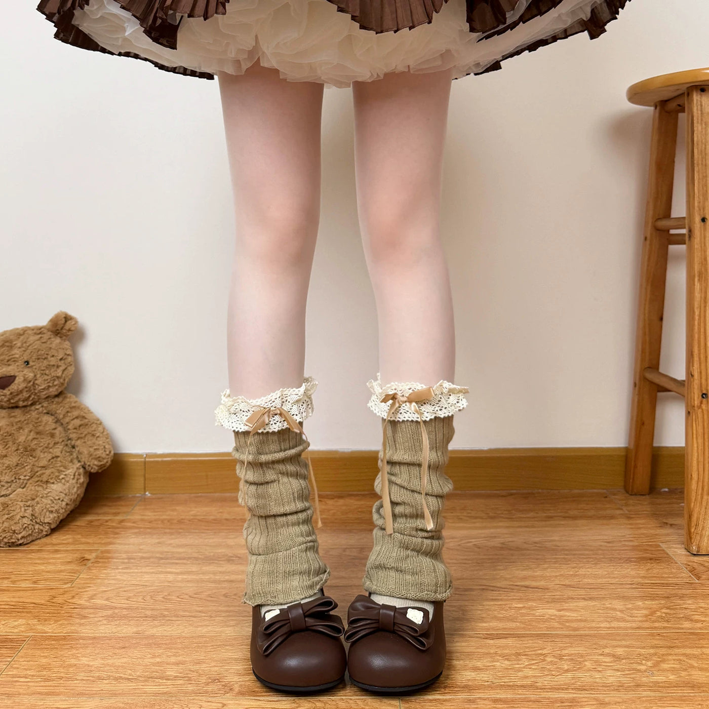 Chubby Bear Tales - Harajuku Knit - Knit leg warmers with lace trim and bows