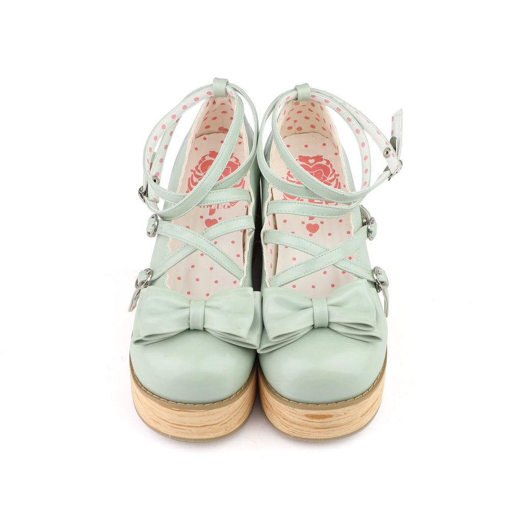 MODO pastel sweet Lolita platform shoes with oversized bows and cross straps
