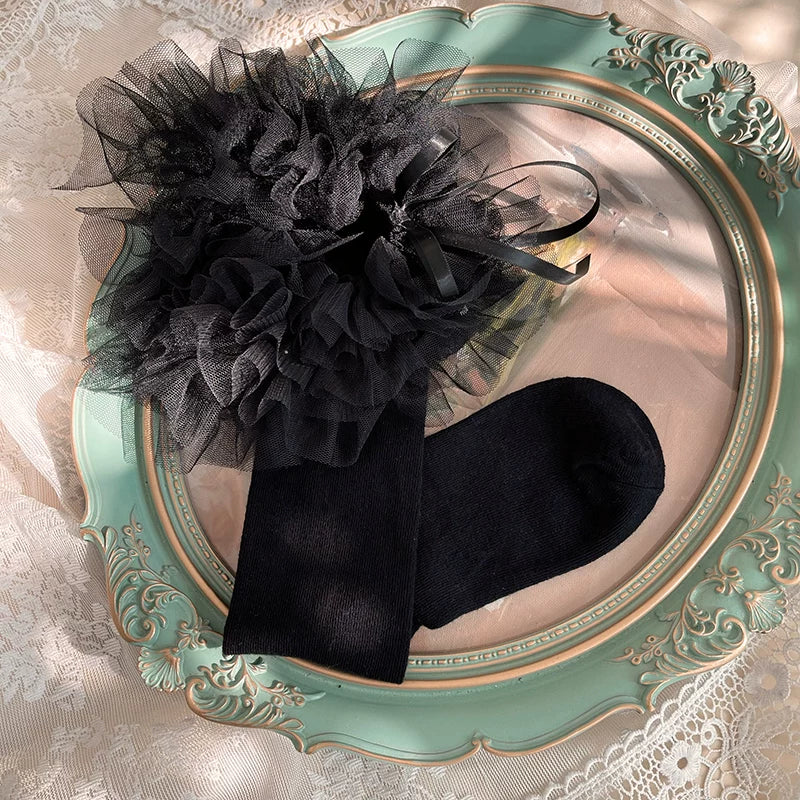 Sock Noble - Cake Doll - Mid-calf socks with pleated mesh ruffles and floral lace