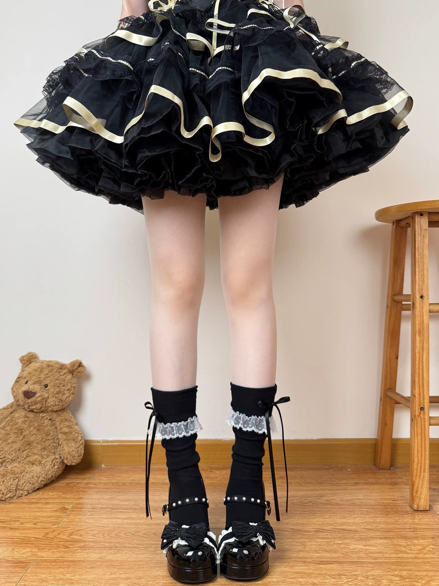 Chubby Bear Tales - Cream Ballet - Lightweight Calf Scrunch Socks with Lace Cuffs