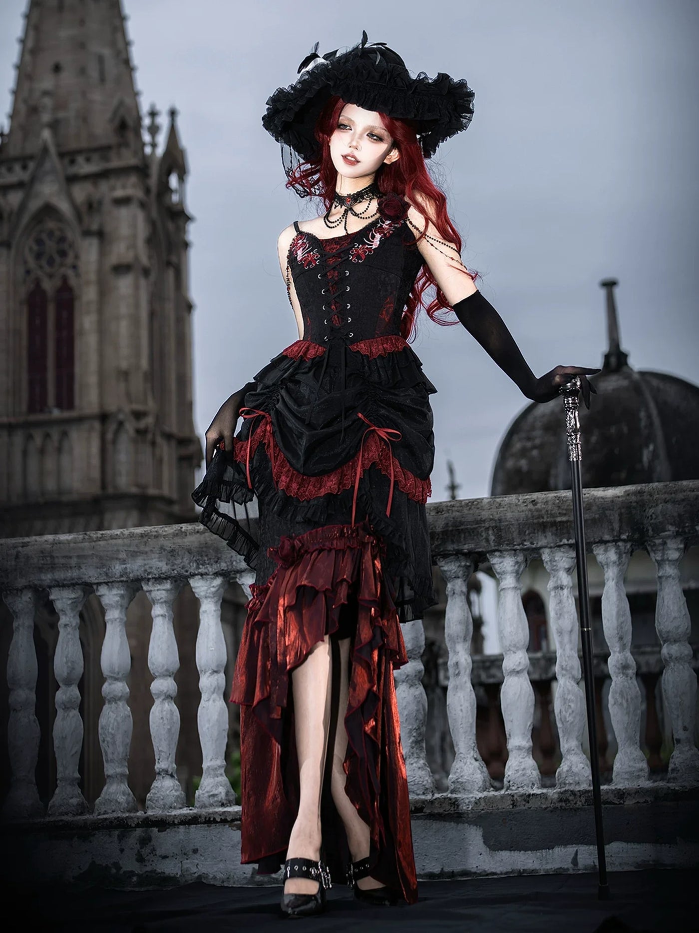 Your Princess - Bone Rot Bloom - Gothic Lolita Embroidered Camisole & Drawstring Lift-up Hem Skirt