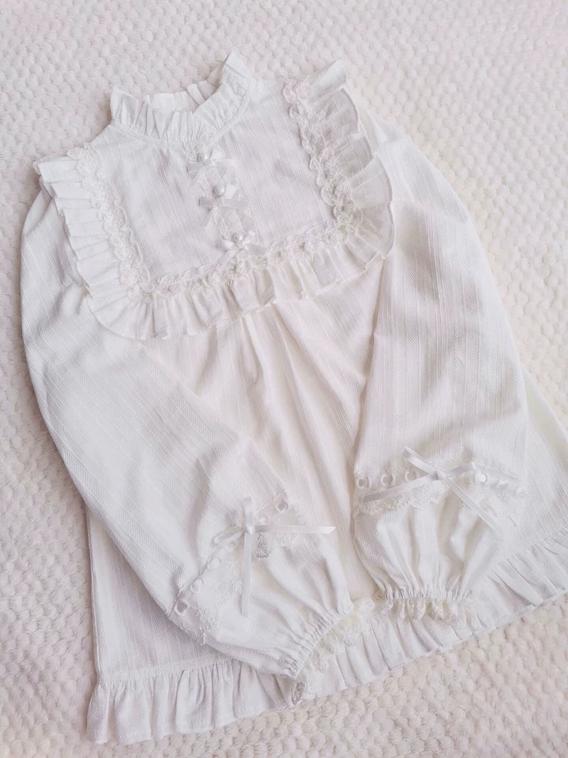 Yilia - Lace Bib - Cotton Stand Collar Blouse