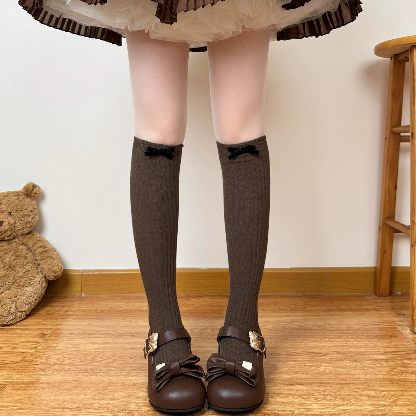 Chubby Bear Tales - Japanese Bow Rib - Ribbed Slouch Socks with Small Bow Accents