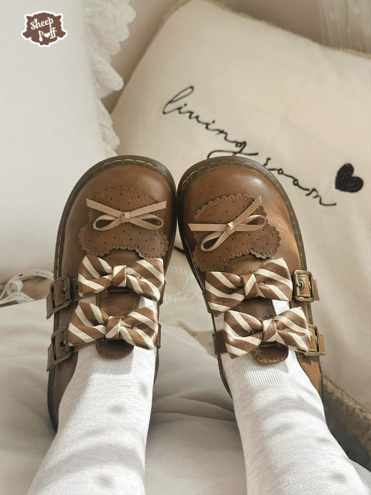 Sheep Puff Sheep Puff Bear Sniper Lolita Shoes with low heel, featuring cute bear and sheep puff design for stylish footwear.