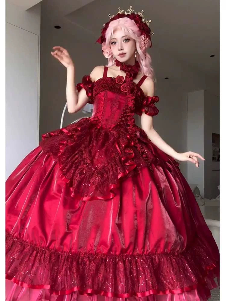 Red off-shoulder Lolita ball gown with lace trim and corset bodice