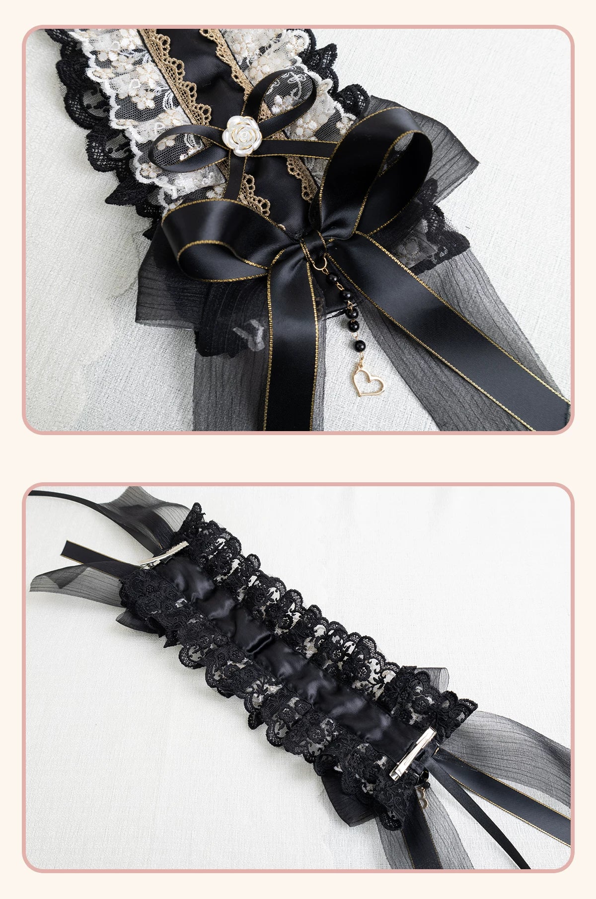 Stardust Rose - Night Banquet - Black-and-Gold Lolita Headwear with Lace and Bows