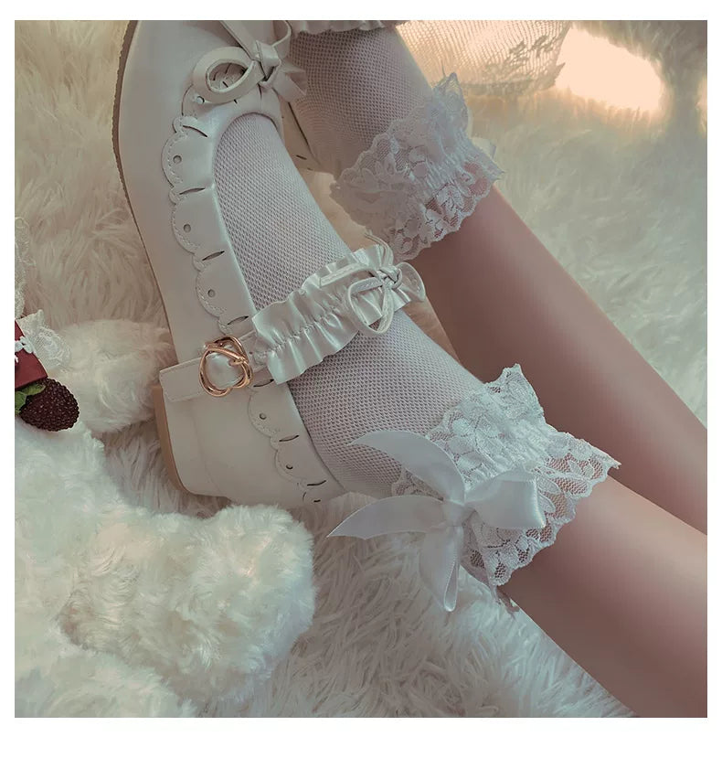 Sheer mesh Sweet Lolita ankle socks with lace and bow details