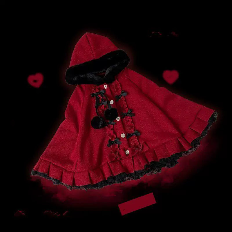 Sweetheart Dream Machine - Pompom Sweetheart - Hooded Cape with Plush Trim and Pompom Ties