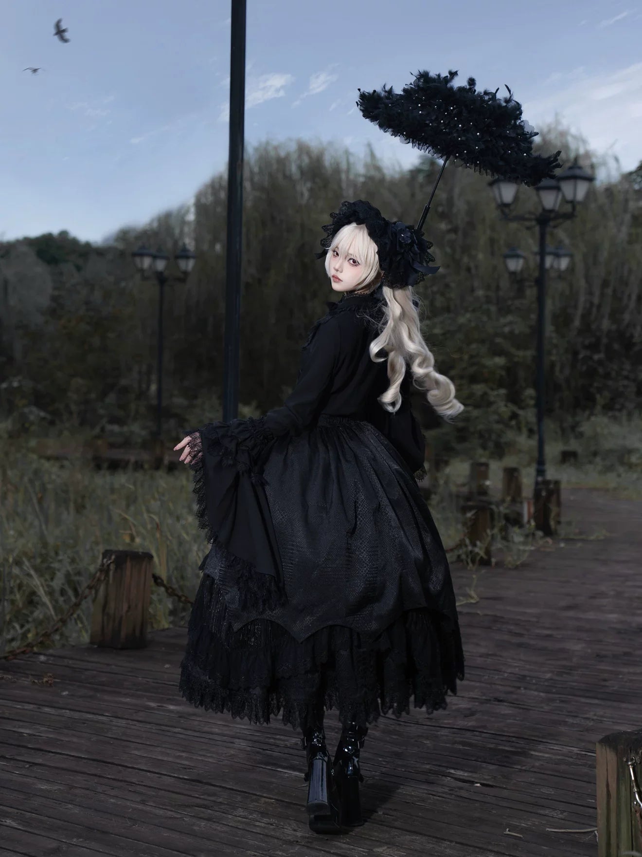 DMFS Lolita - Broken Winged Bat - Gothic Lolita Shirt & SK Set, Bat-wing Shaped Hem