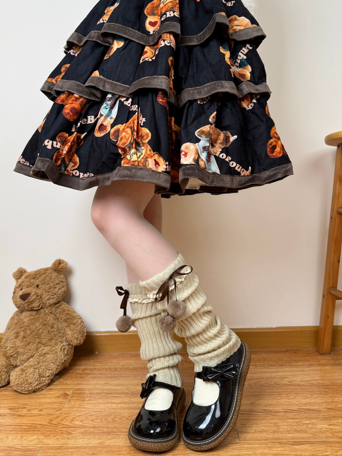 Chubby Bear Tales - Ribbon Knit - Scrunched Knit Leg-Warmer Socks with Ribbon Ties