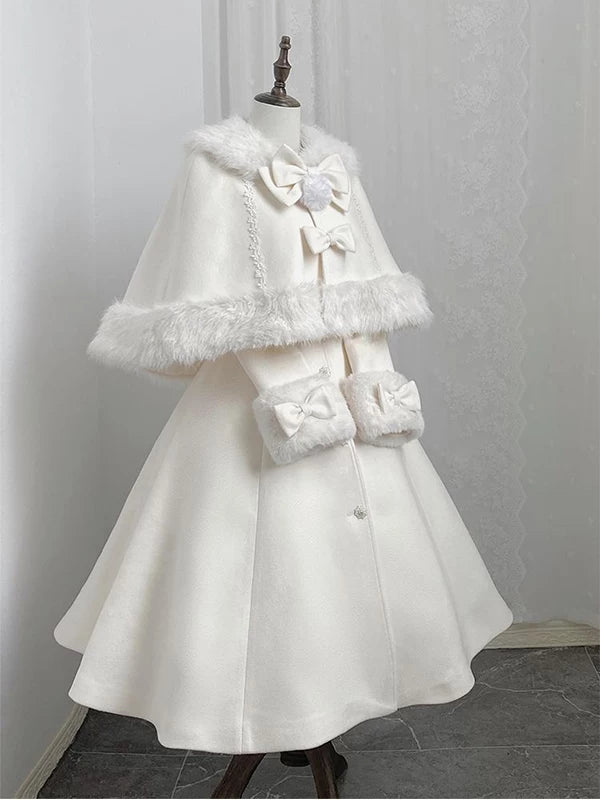Creamy - Winter Snowfield - White Cape and Coat Set with Fluffy Trim