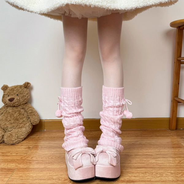 Chubby Bear Tales cable-knit leg warmers with pom-pom ties