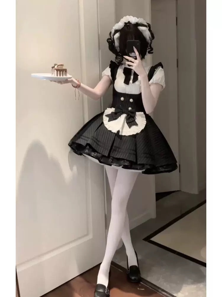 Creamy - Maid Stripe - Black-and-White Blouse and Dress Set with Bow Bib