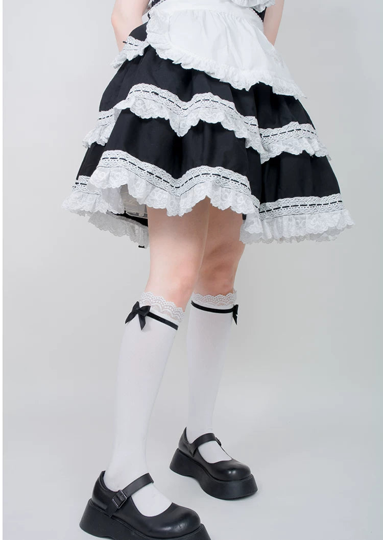 roji roji - Doll Bow Lace - Black or Pink Lace-Trimmed Socks in Three Lengths