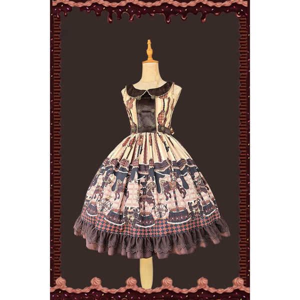 Infanta - Chocolate Carousel - Peter Pan Collar Old School Lolita JSK Dress, Carousel Print