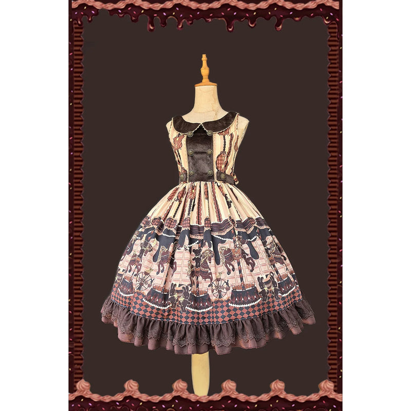 Chocolate Carousel - Peter Pan Collar Old School Lolita JSK Dress, Carousel Print (L M S XL) 43764:785944