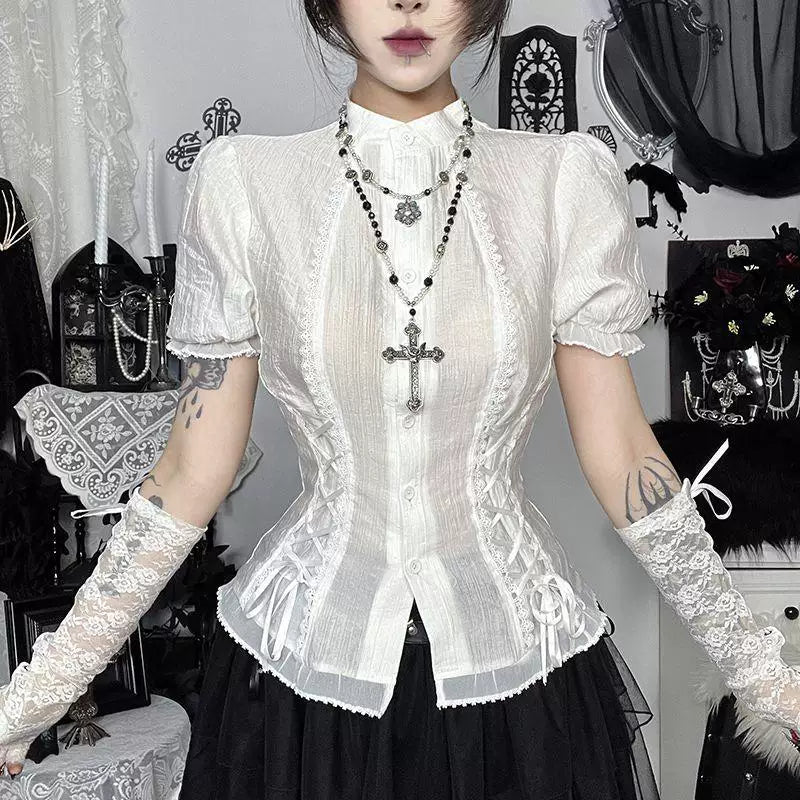 Side view of white high-neck Lolita blouse showing corset-style side lacing