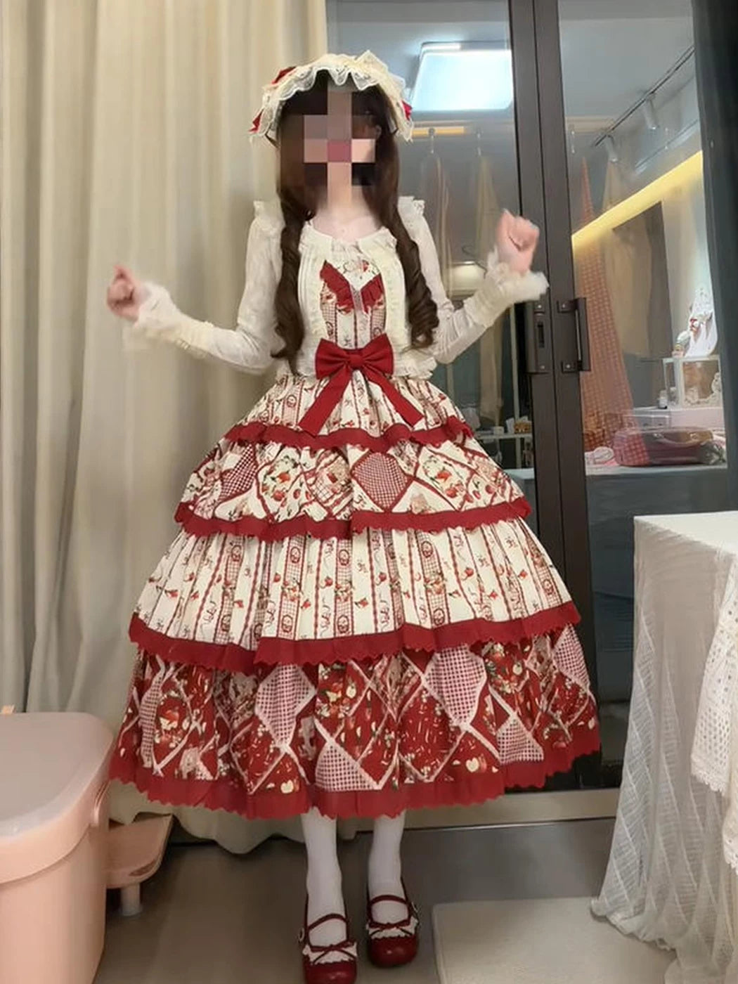 Creamy - Pastoral Patchwork - Red-and-Apricot JSK Dress Set with Layered Ruffles