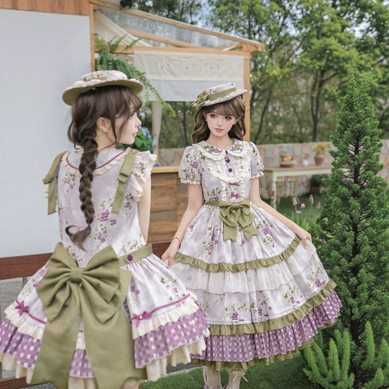 Jelly Girl - Grape Manor - Lavender Floral Lolita Dress with Layered Gingham Hem