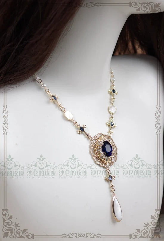 Rose of Sharon - Classic Lolita Necklace & Earrings - Artificial Pearl Rhinestone Earrings