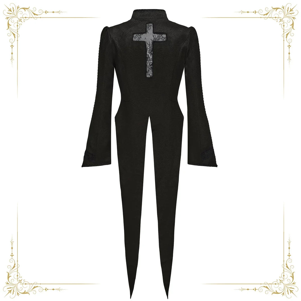 Rear view of a black Immortal Thorn Ouji Lolita coat with cross-shaped cutout and swallowtail hem