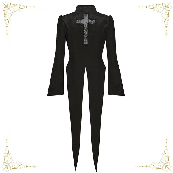 Rear view of a black Immortal Thorn Ouji Lolita coat with cross-shaped cutout and swallowtail hem